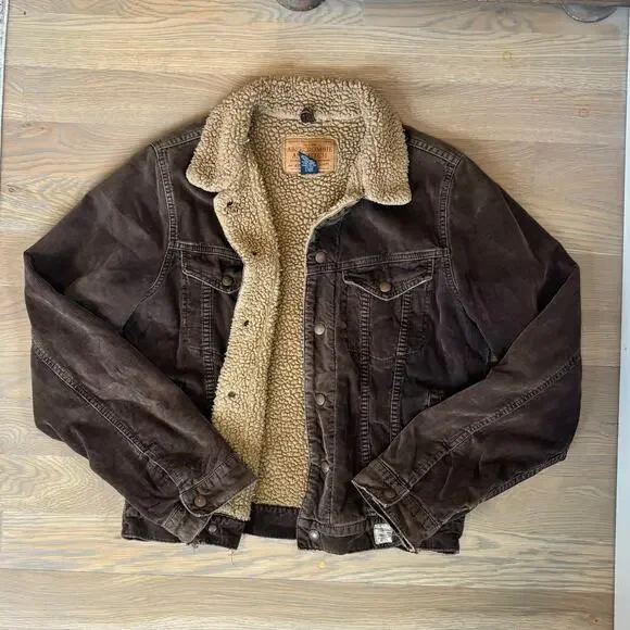 VTG 90s Abercrombie Fitch Corduroy Trucker Jacket Sherpa Lined Brown Men Medium - Picture 10 of 11